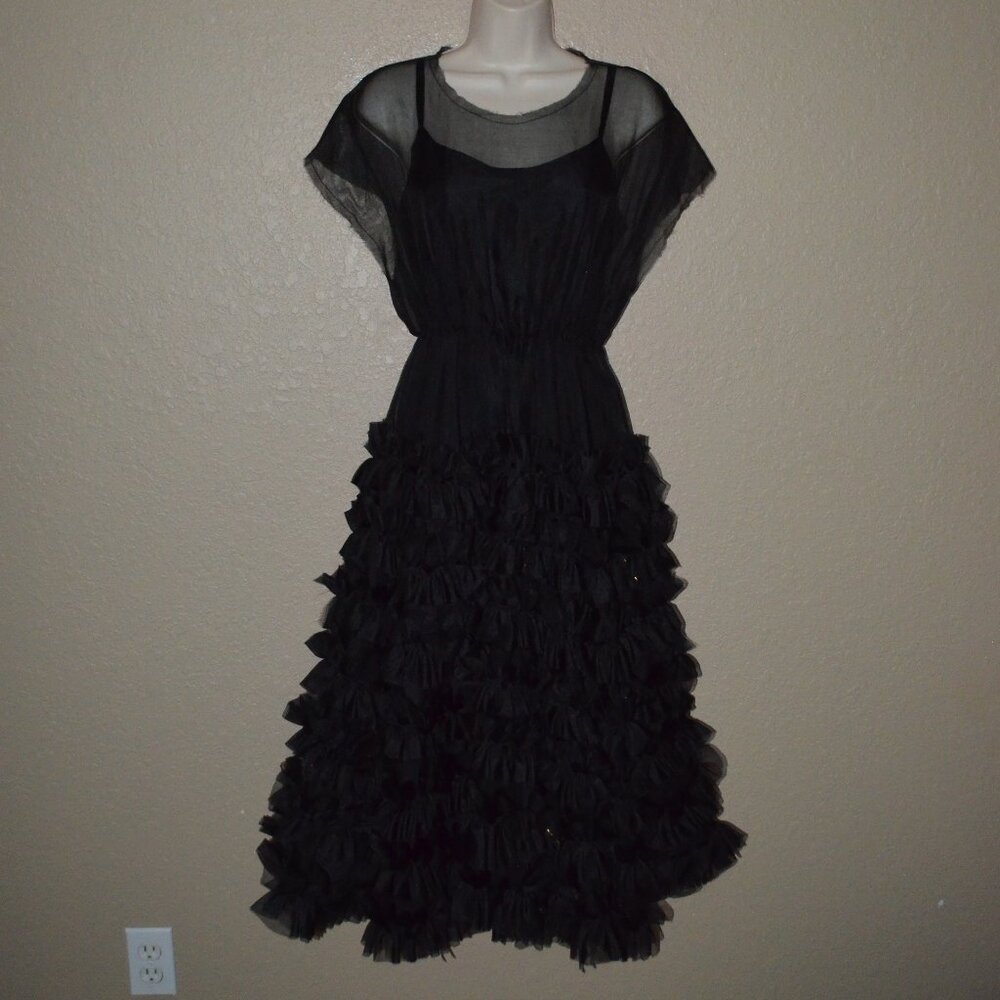 NWOT $1290 XS S M Louiza Babouryan Black Silk Ruffle Skirt w/ Slip Party Dress